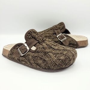 American Eagle Cable Knit Clog Slippers Brown Buckle Sherpa Lined Women’s 8.5